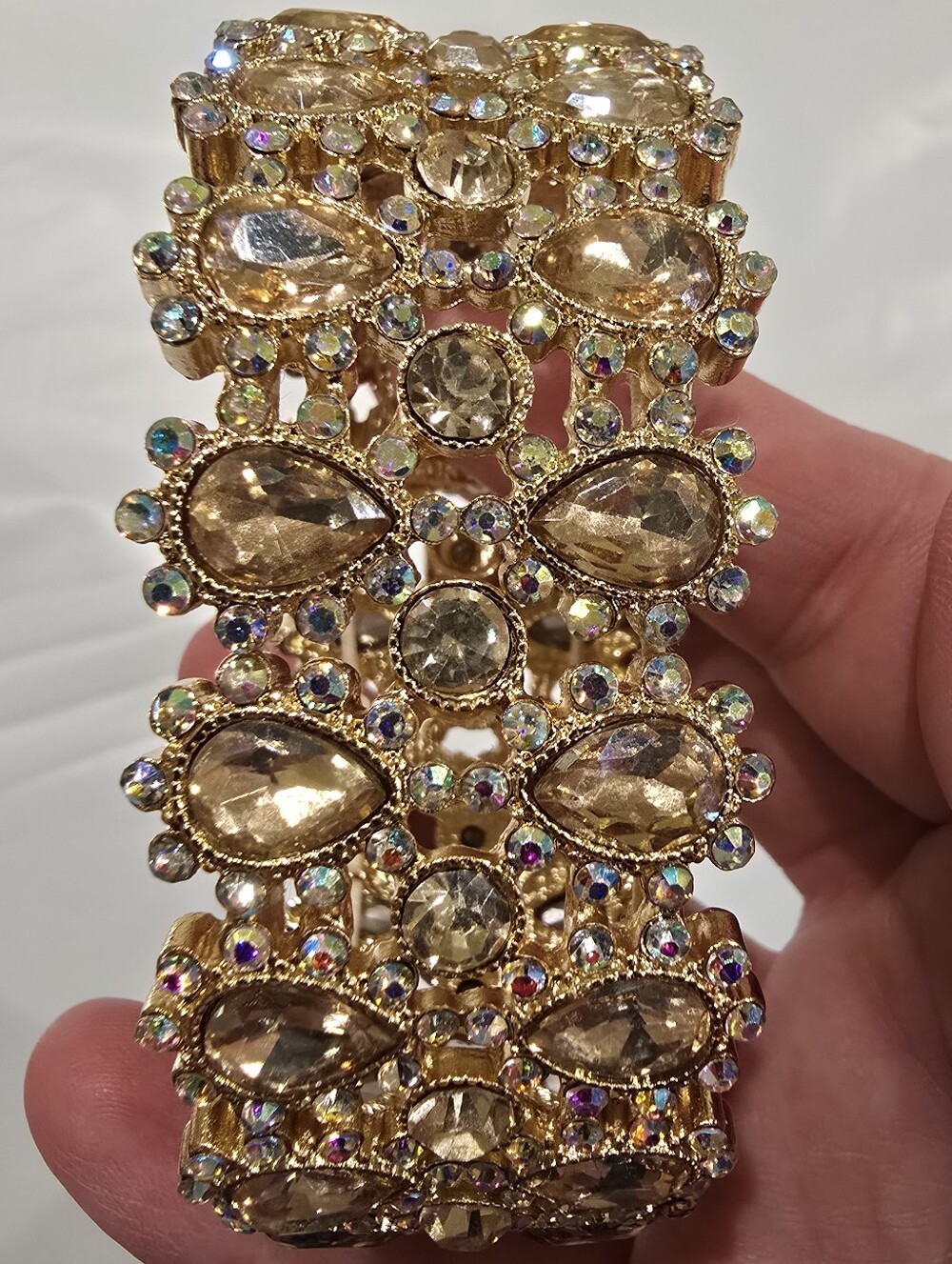 Monet Gold Tone sparkly Stretch Bracelet With Tear Drop Shaped Jewels